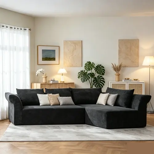 Niccae Modern Minimalist Corner L-Shape Right Arm Sectional Sofa, Wide Armrests, Throw Pillows, Foam Cushions, Multi-Part Living Room Furniture, Seats 4 (2 Packages)
