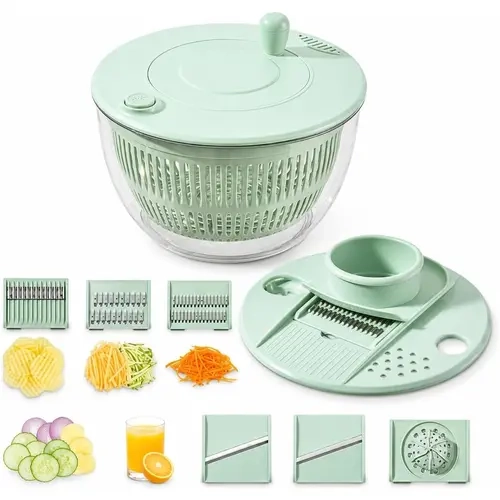 5.3 Qt Large 5-in-1 Rotating Salad Spinner Set, Kitchen Utensils with Washing Bowl, Strainer, 5-Blade Slicer, Egg Yolk Strainer, Salad Bowl, Lid, Citrus Juicer & Cheese Prep Tool for Efficient Prep
