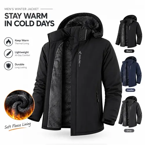 Men’s Fleece-Lined Plain Mountaineer Coat, Menswear Hooded Winter Outdoor Tops, Thick Warm Coats for Mountaineering Jackets Makapal