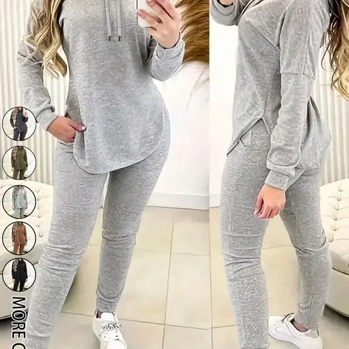 2 PCS Set Women's Casual Solid Color Drawstring Hooded Long Sleeve Sweatshirt and Elastic Waist Long Pants Set, Comfortable Sportswear for Daily Wear, Athleisure Loungewear Set
