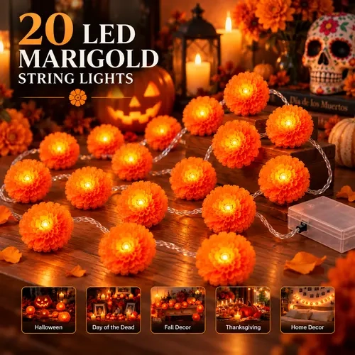 20 LED Marigold Flower String Lights, 10FT Battery Operated Orange Floral Garland with Flashing Mode, Artificial Marigold Lights for Halloween, Day of the Dead Ofrenda Altar, Fall Thanksgiving Party Home Decor