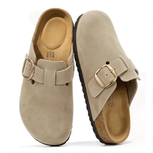 BERNESS Baine Women's Full Genuine Leather Buckle-Strap Clogs - Footwear for Women, Memory Foam Adjustable Round-Toe Suede-Look Slip-On Mules, Comfortable Walking Shoes for Casual Wear
