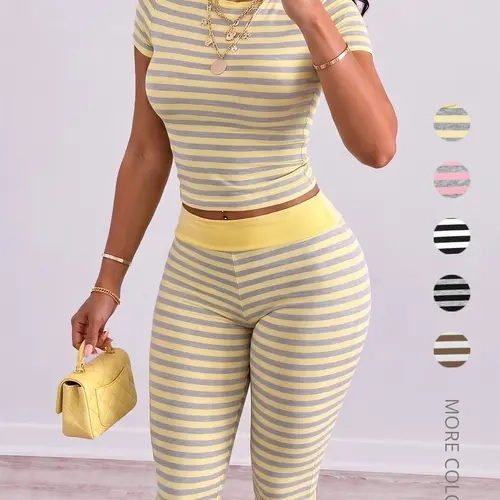 Women's Slim-Fit Striped Lounge Set, Foldable Waist Short Pants, Cute Style, All-Seasons Suit, Unlined, Lightweight Comfort, Loungewear