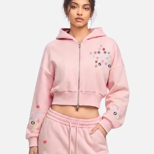 Aelfric Eden Women's Colorful Button-Embellished Cropped Zip Up Hoodie - Relaxed Fit, 2000s Style, Early 2000s Aesthetic, Streetwear, Zip Up Hoodies