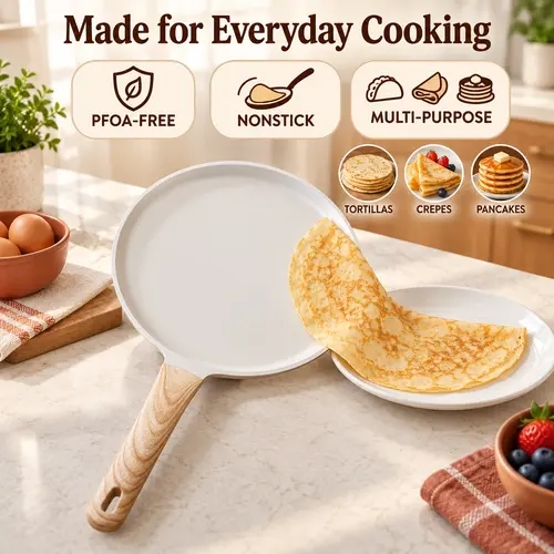 Aluminum Multifunctional Nonstick Crepe Pan - PFOA-Free Flat Griddle with Low Rim, Wood-Look Handle for Tortillas, Pancakes