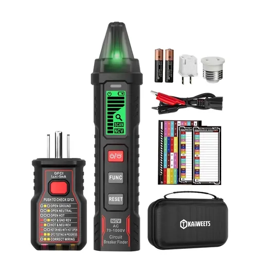 KAIWEETS Circuit Breaker Finder with LCD Display, GFCI Outlet Tester, AC 90-130V Electrical Circuit Tracer Tool with NCV Tset & Flashlight, Includes Carrying Case with Adapter, Alligator Clips -KT303P