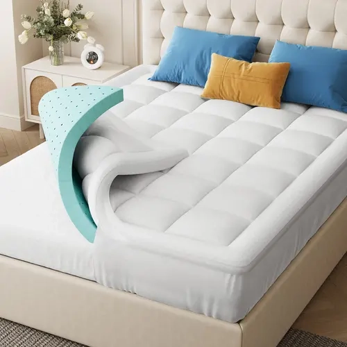 Belffin Twin-Size 2-in-1 Ventilated Gel Memory Foam Mattress Topper, Back Pain Relief Bedding with Removable Washable Cover, White Wave Pattern Pad