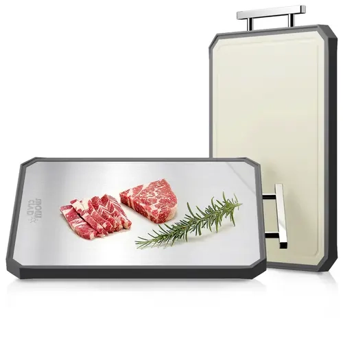 Stainless Steel Cutting Board for Kitchen, 2-in-1 Double-Sided Design with Wheat Straw PP Side, Juice Groove & Handle, Dishwasher Safe, 16 x 11 in, Available in 1, 2 or 3 Pack