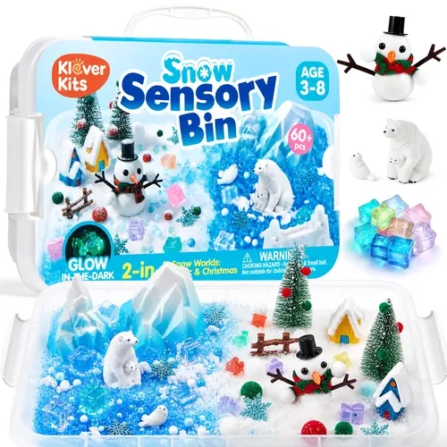 JOVA Klover Kits Snow Sensory Bin for Kids - 60+ Pcs 2-in-1 Arctic & Christmas Winter Sensory Kit with Glow-in-The-Dark Stones, Moldable Sand, Water Snow, Air Dry Clay - Sensory Play Toys for Ages 3-8
