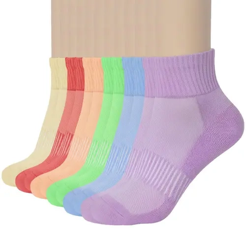 Unisex 6-Pack Cotton Blend Compression Quarter Socks - Arch Support, Colorful Elastic, Non-Slip Heel, Extra-Durable Heel Toe, US Women Sizes for Running Gym, Athletic Use, Daily Wear