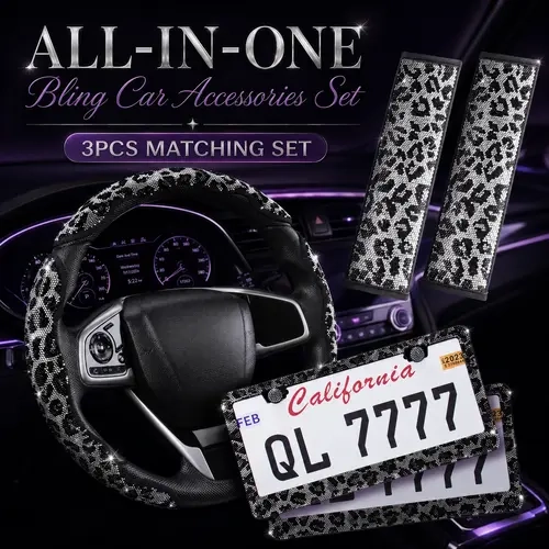 Queen’s Land Leopard Bling Sparkly Car Accessories Set with Crystal Rhinestones, Girly Car Decor Steering Wheel Cover, License Plate Frame, Seat Belt Pads, Car Accessories for Women Gift