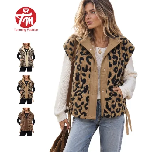 Tanming Womens Leopard Print Fleece Vest, Casual Sleeveless Button Down Sherpa Jacket with Pockets - Fall Winter Daily Casual Commute Office School Shopping Outdoor Travel Streetwear Outfits