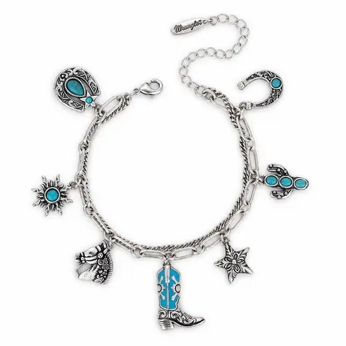 Wrangler Western Charm Bracelet for Women, 14K Silver/Gold Plated Cowboy Boot Cactus Horseshoe Adjustable Chain Bracelet,  Hypoallergenic Southwestern Cowgirl Statement Jewelry Gifts for Women