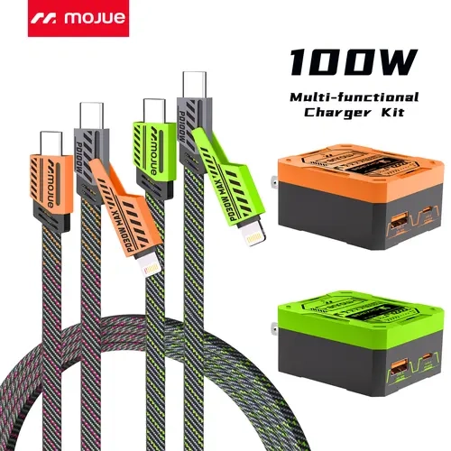 MOJUE 100W USB-C Fast Electronic Charger Set (2-Pack: Green/Orange; 1-Pack: Orange) - Dual Port Type-C & USB-A Wall Charger with Durable 3-in-1 Mecha Style Lightning Sync Cable Connector for iPhone (18/17/16/15), Samsung S25, Tablets, Smartphones