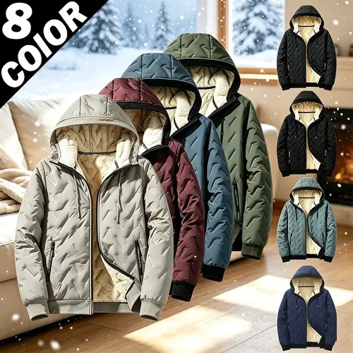 2024 New Stylish Men's Fleece-Lined Long-Sleeve Hooded Jacket Set, Ultrasonic Cotton Toothbrush Design Menswear Coats for Back-to-School Season Shopping
