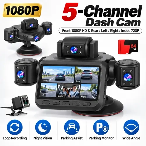 BCUOZ 5-Camera Multi-Lens Dashcam Set, WiFi Enabled, FHD 1080P Recording, Loop Recording, Collision Detection, Reversing Assist, 64GB TF Card Included, Ideal for Rideshare Drivers & Daily Commuters