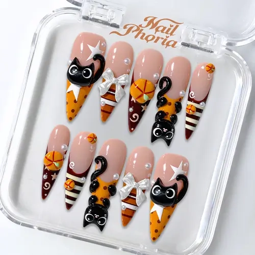 NailPhoria PUMPKIN PAWS - Halloween Handmade Press-On Nails | Reusable, Salon-Quality, Long-Lasting, Glossy Design-Long Stiletto 33mm