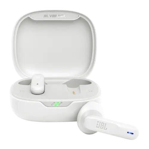 Refurbished JBL Vibe Flex Bluetooth Earbuds Set - White, Compact Design, Easy-to-Use Controls, Wireless Play, with Charger Case, Included Charger