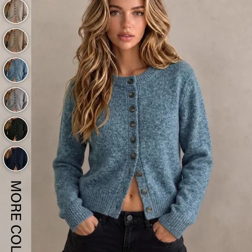 Women's Casual Commuter Simple Solid Color Knit Cardigan, Round Neck Long Sleeve Button Front Short Jacket Coat for Fall Winter