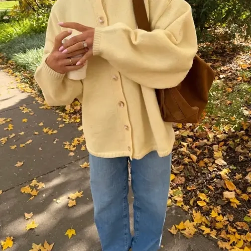 Cream Knit Sweater for Women, Round Neck Button Loose Fit Oversized Drop Shoulder Lantern Sleeve Comfortable Knitted Coat Long Sleeve
