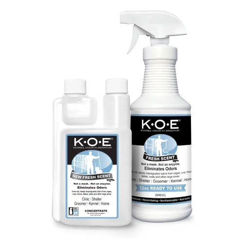 KOE Spray Kit - K.O.E Kennel Odor Eliminator Fresh Scent Ready to Use Spray and Concentrate by Odorcide for Home & Kennels with Safe, Non-Enzymatic Formula - 16 oz Concentrated Bottle and KOE 32 oz Spray Bottle (2 Piece)