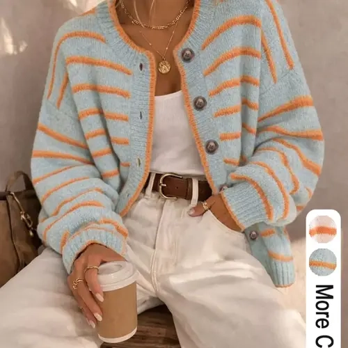 Women's Round Neck Loose Fit Casual Fashion Colorblock Striped Lantern Sleeve Knit Cardigan, Long Sleeve Button Closure Unlined Knitwear