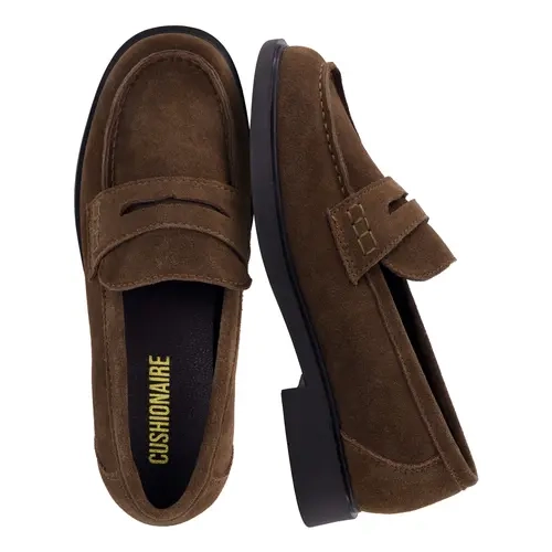 Cushionaire Raye Genuine Leather Penny Loafers for Women | Classic Leather Loafers with Cushioned Footbed | Comfortable Slip-on Dress Shoes for Work and Casual Wear | Genuine Suede Option with Moc Toe Stitching and Low Block Heel