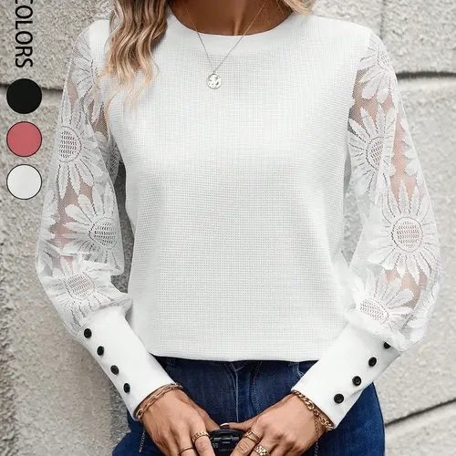Women's Casual Elegant Lace Floral Patchwork Long Sleeve Waffle Knit Loose Top, Comfortable and Stylish Upper Garment for Daily Wear
