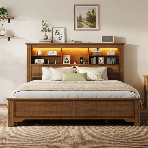 FUSOU King Size Bed Frame with 4 Rolling Storage Drawers, Rustic Brown Platform Bed with Bookcase Headboard, Adjustable LED Lights, Built-In Charging Station, Open Shelves and Steel Support
