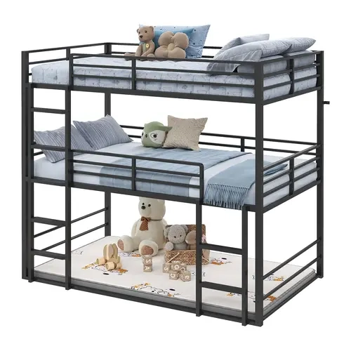FUSOU Triple Bunk Bed Twin Over Twin Over Twin, Black, Bunk Bed with Black Heavy Duty Frame with Full-Length Guardrails & Ladders, No Box Spring Needed