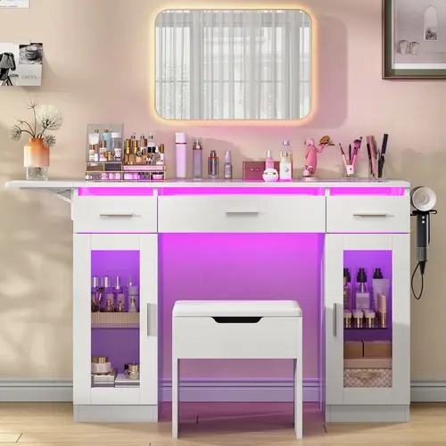 FUSOU 43.3" Vanity Desk No Mirror, RGB LED Lights Makeup Vanity with Glass Top & Drop Leaf (Expands to 50.4"), 3 Drawers & 2 Display Cabinets, Dressing Table with Charging Station & Stool, White