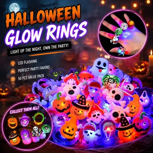 Halloween Fall Gift 50pcs Halloween LED Rings, Halloween Party Favors Glow in the Dark Party Supplies, Light Up Rings Perfect for Trick or Treat Gifts