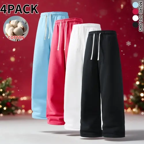 4-Pack Mens Cotton Wide Leg Sweatpants, Relaxed Fit Drawstring Sweat Pants, Multi Colors Casual Bottoms for Young Men Everyday & Gym Wear Christmas Holiday Outfit