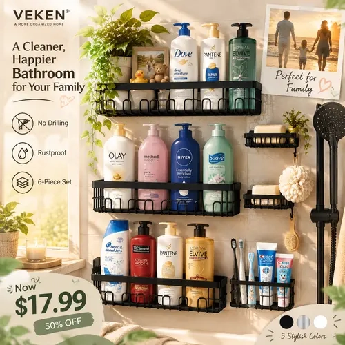 【Veken】6-Pack Shower Caddy Set for Family Bathrooms, No-Drill Adhesive Shower Organizer, Rustproof Stainless Steel Shower Shelves, Large-Capacity Bathroom Storage