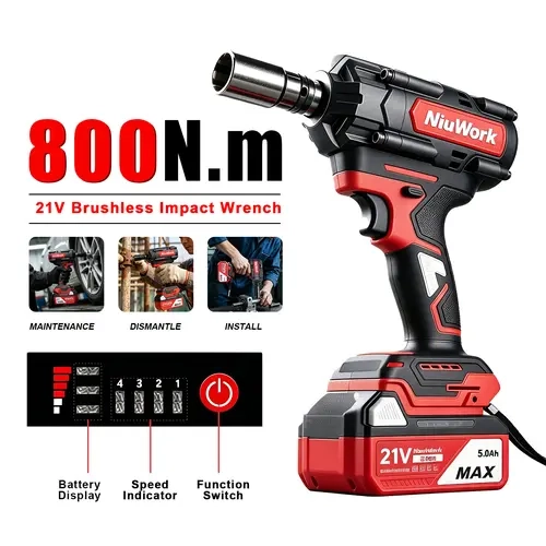 NiuWork Impact Wrench 590 FT-LBS(800N.m) 1/2 Impact Gun High Torque Electric Impact Driver Cordless Impact Wrench with 21V 2x5.0Ah Battery、Charge&Case for Home Car Tire Lug Nut Removal Tool