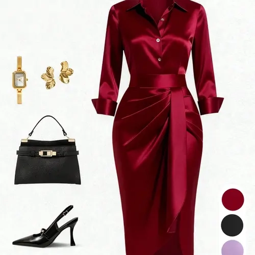 Women's Shirt Collar Midi Dress, Knitted Glossy Pleated Wrap Split Bodycon Skirt, Three-Quarter Sleeve with Belt, Elegant Formal Office Party Gown