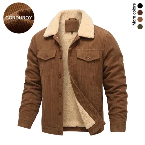 Men's Corduroy Jacket - Long Sleeve Plain Stylish Men's Clothing, Fleece-Lined Turn Collar, Button-Front Closure, Chest Flap Pockets, Thick Warm Outer Layer Style Outerwear, Casual Vintage Fall Winter Coat