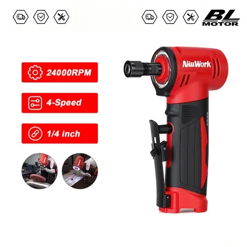 NiuWrok 12V Cordless Right Angle Die Grinder Kit - 4-Speed Control, 1/4" Size, 24000 max rpm, 2.0Ah Battery & Charger, Metal Surface Gasket Remover for Grinding, Polishing
