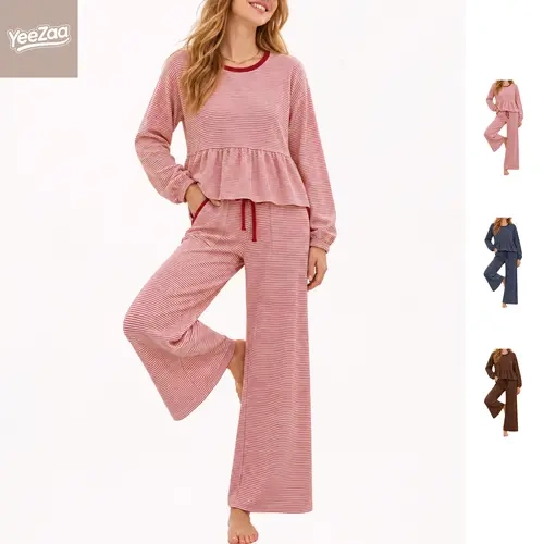 YeeZaa Women's 2 Piece Striped Set Wide Leg Pants Matching Pajamas Set Oversized Tops Relaxed Ruffle Sets Fall Outerwear Lounge Outfits Fall Outerwear Lounge Set 2026 Trendy Outfit Back to School First Day Outfits
