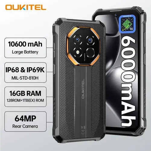OUKITEL G7 Military Smartphone, 10600mAh Battery, 64MP+8MP Cameras, Up to 16GB RAM+128GB ROM, Android 16, 6.52" 90Hz Display, IP68/IP69K Rating, NFC Support, Reverse Charge, Type-C USB Port, Rugged Military Mobile Phones