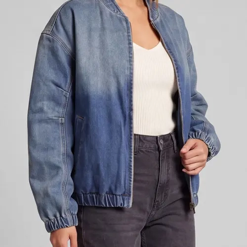 Women's Cropped Dark-Wash Denim Bomber Jacket with Elastic Cuffs for Casual Layering Coats