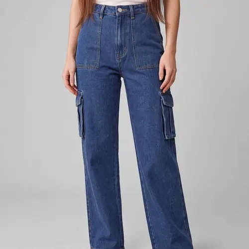 Women's Light-Wash Wide-Leg Cargo Jeans with Utility Pockets for Everyday Outfits Casual Denim Pants
