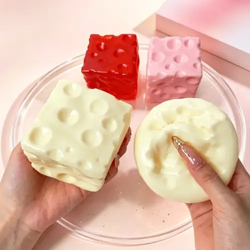 Cheese Squishy Cube Stress Relief Toy - Vibrant 5cm/7cm Petroleum Jelly-Filled Soft Moldable ASMR Fidget Squishy Toys (Yellow,Pink,Red,Green,Blue,White) for Ages 12+ Unisex Party Bag Gift