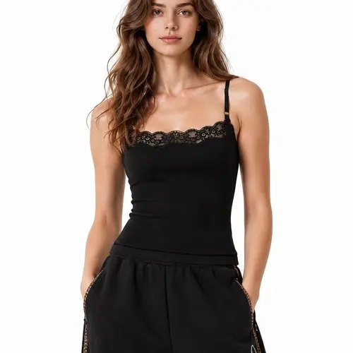 Aelfric Eden Women's Scallop Neckline Spaghetti Strap Cami Tank Top - Nylon Spandex Soft Stretchy Jersey, Slim Fit, Scalloped Lace Trim, Smooth, Breathable, Minimalist Summer Casual Streetwear, Tank Tops for Women