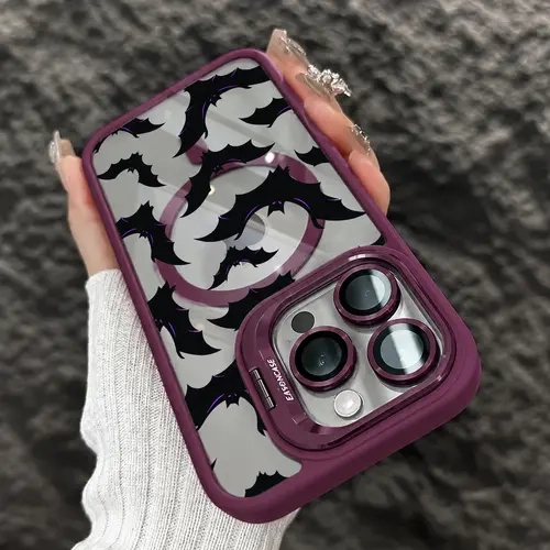 Halloween Bat Pattern Magnetic Phone Case for iPhone 18 Pro Max 17 Air 16 15 14 13 12 Plus Samsung Galaxy S26 S25 S24 S23 22Ultra, Heavy Duty Shockproof Cover with Metal Camera Stand, Spooky Season October Gift.985