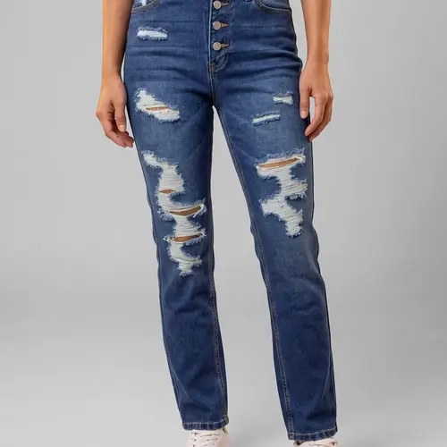 Women's Distressed Straight-Leg Denim Jeans with Button Fly for Casual Outfits