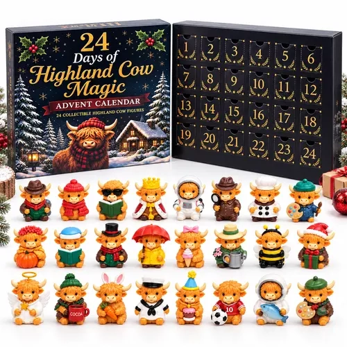 24-Day Highland Cow Advent Calendar - Christmas Countdown Gift Box with Collectible Mini Figurines, Festive Holiday Home Decor Toy Set, Ideal Present for Kids & Cow Enthusiasts
