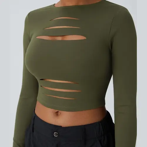 Halara DayStretch Round Neck Long Sleeve Cut Out Ripped Skinny Cropped Casual Top