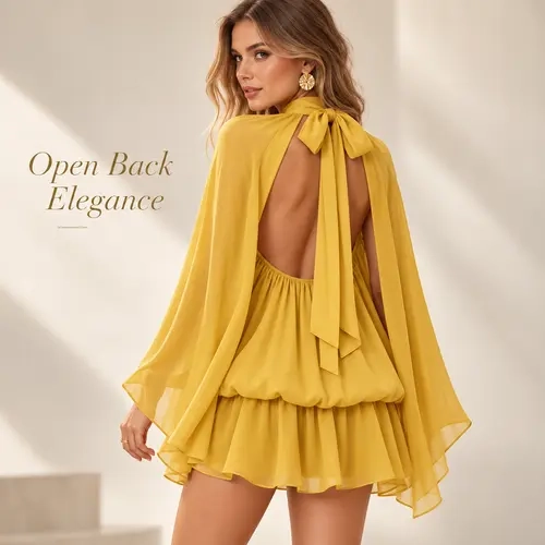 Women’s Elegant Mustard Yellow Animal Print High-Neck Mini Dress - Backless Bow Tie, Flowy Chiffon Long Cape Sleeves, Ruffle Hem, Classy Cocktail Wear for Party Date Night - Sohochic Dresses for Women
