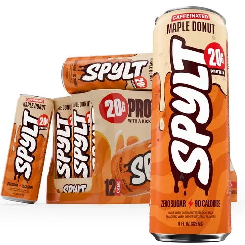SPYLT High Protein Maple Donut Energy Milk - Caffeinated, Keto-Friendly, Sugar-Free, Lactose-Free Skim Milk Blend Protein Drink, 12 Cans (11 fl oz Each), Ready-to-Drink Workout Recovery Beverage